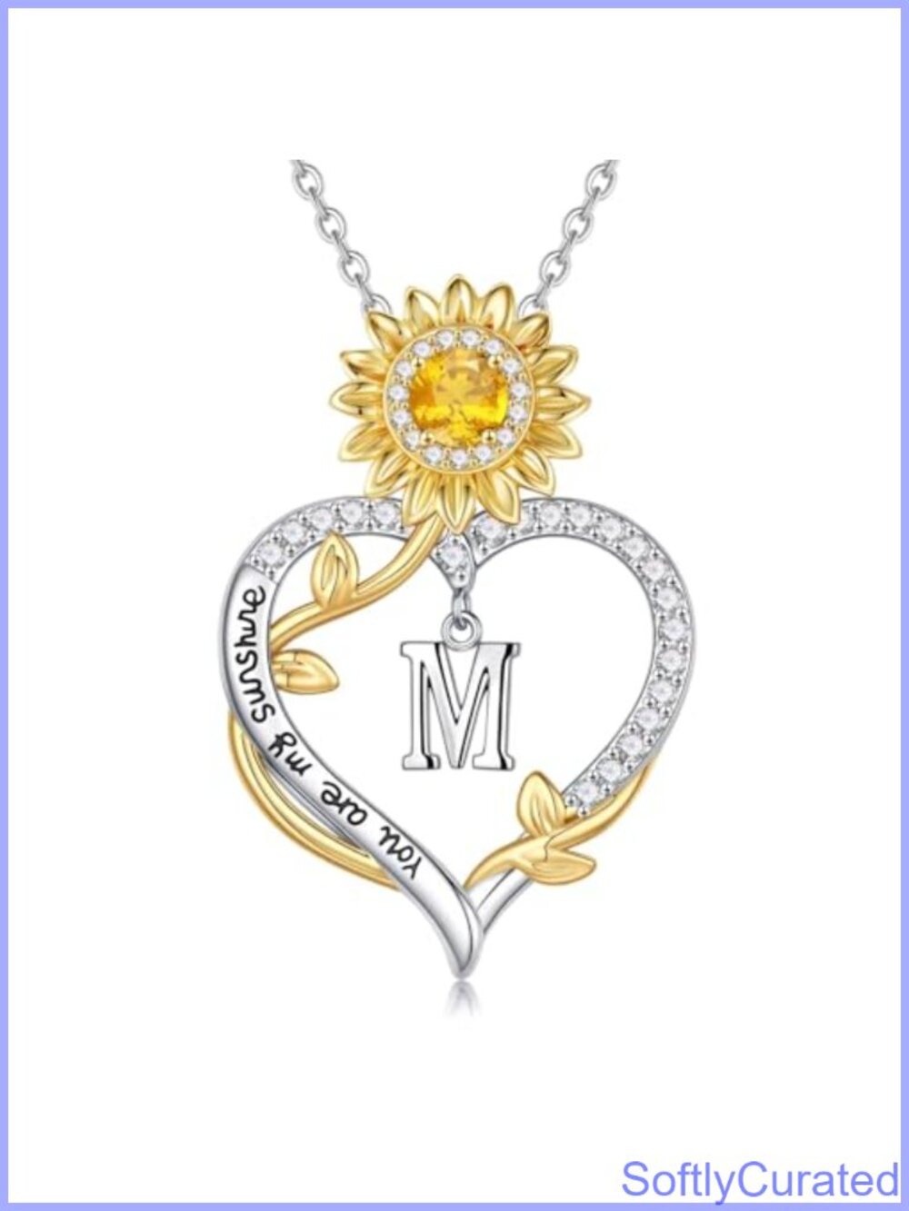 14k White Gold Plated Sunflower Heart Initial Necklace Cubic Zirconia Gift